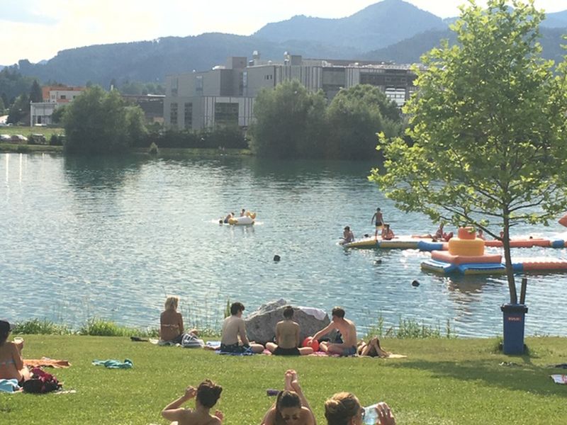 Eine Gruppe von Menschen auf Gras an einem See.