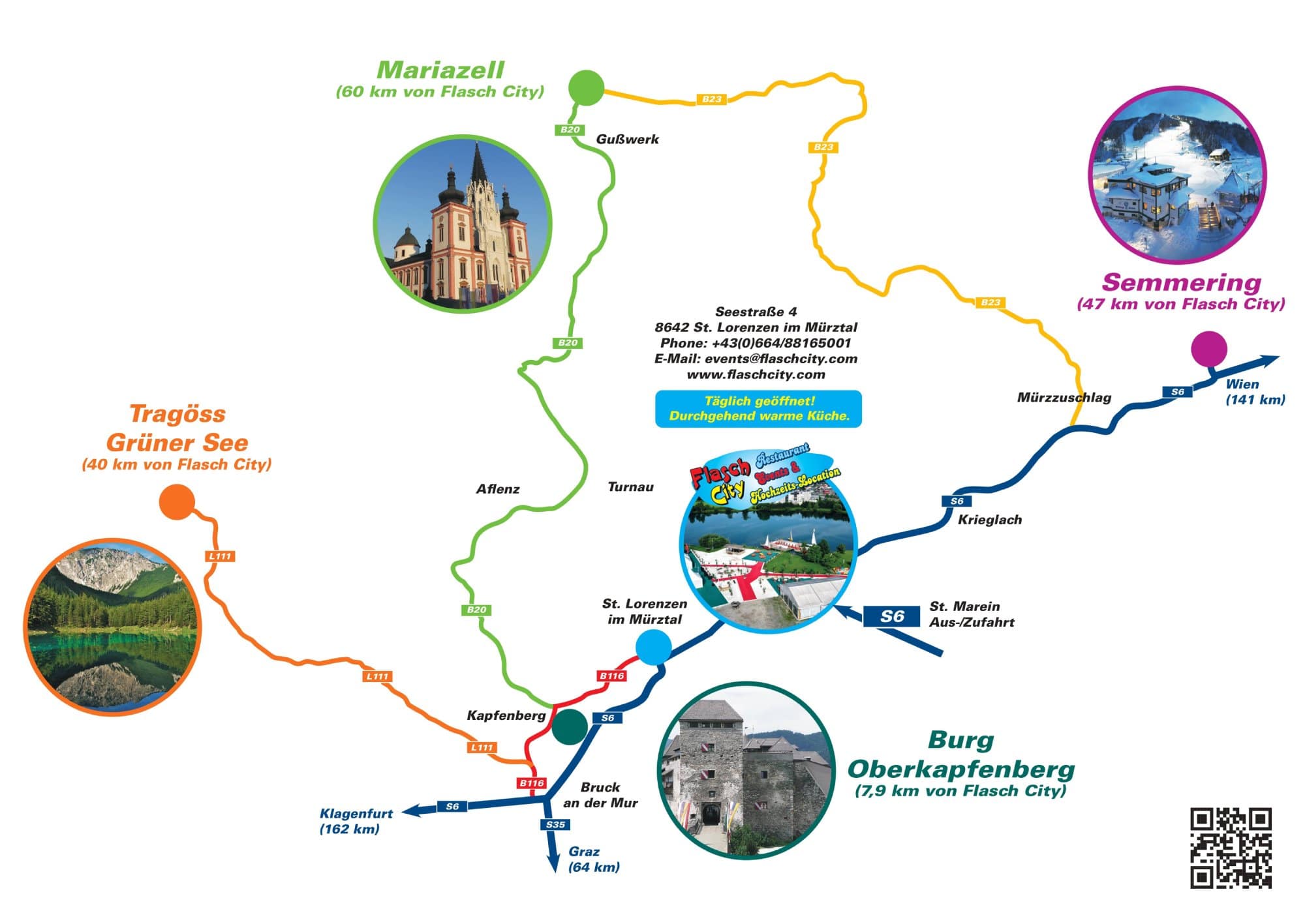 Straßenkarte zum Grünen See, Mariazell, Burg Oberkapfenberg, Semmering von Flash City Raststation / Jausenstation, auch S6 Abfahrt St. Marein & S6 Abfahrt Kapfenberg und Bruck an der Mur